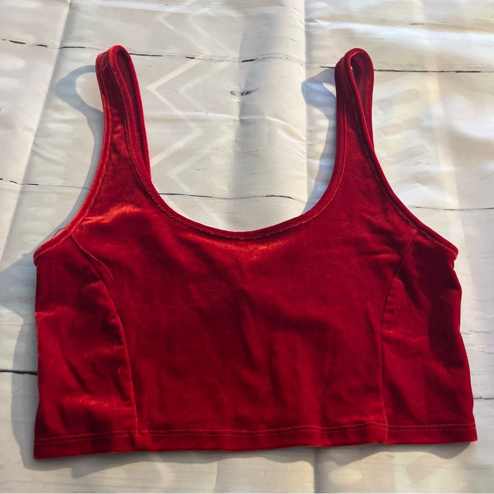 Red Velvet Scoop Neck Crop Tank Top with Structure Boning on Front, Size Small